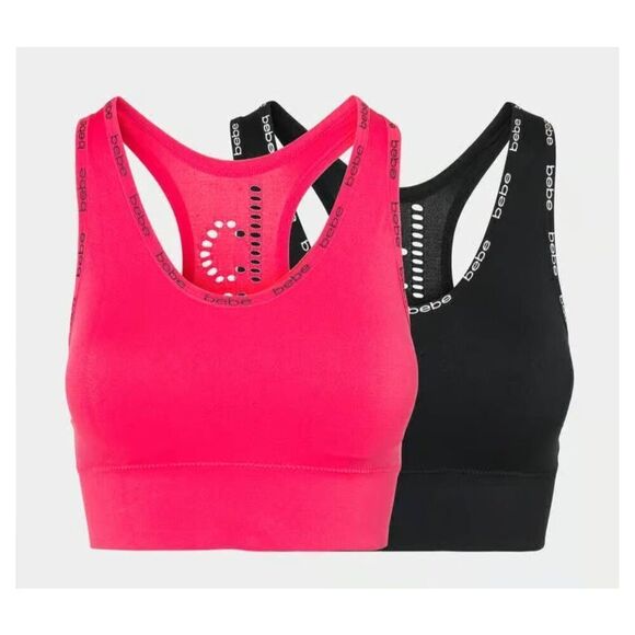 Bebe 2 Pack Seamless Microfiber Sports Bras w/ Removeable Pads Sz L Pink/Black N - Picture 2 of 10